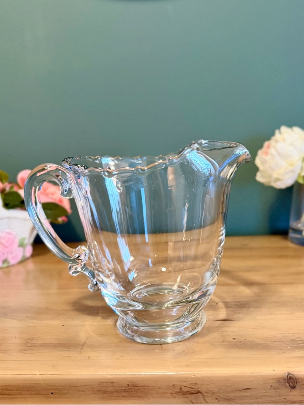 Clear Glass Serving Pitcher with Scalloped Rim - Transparent
